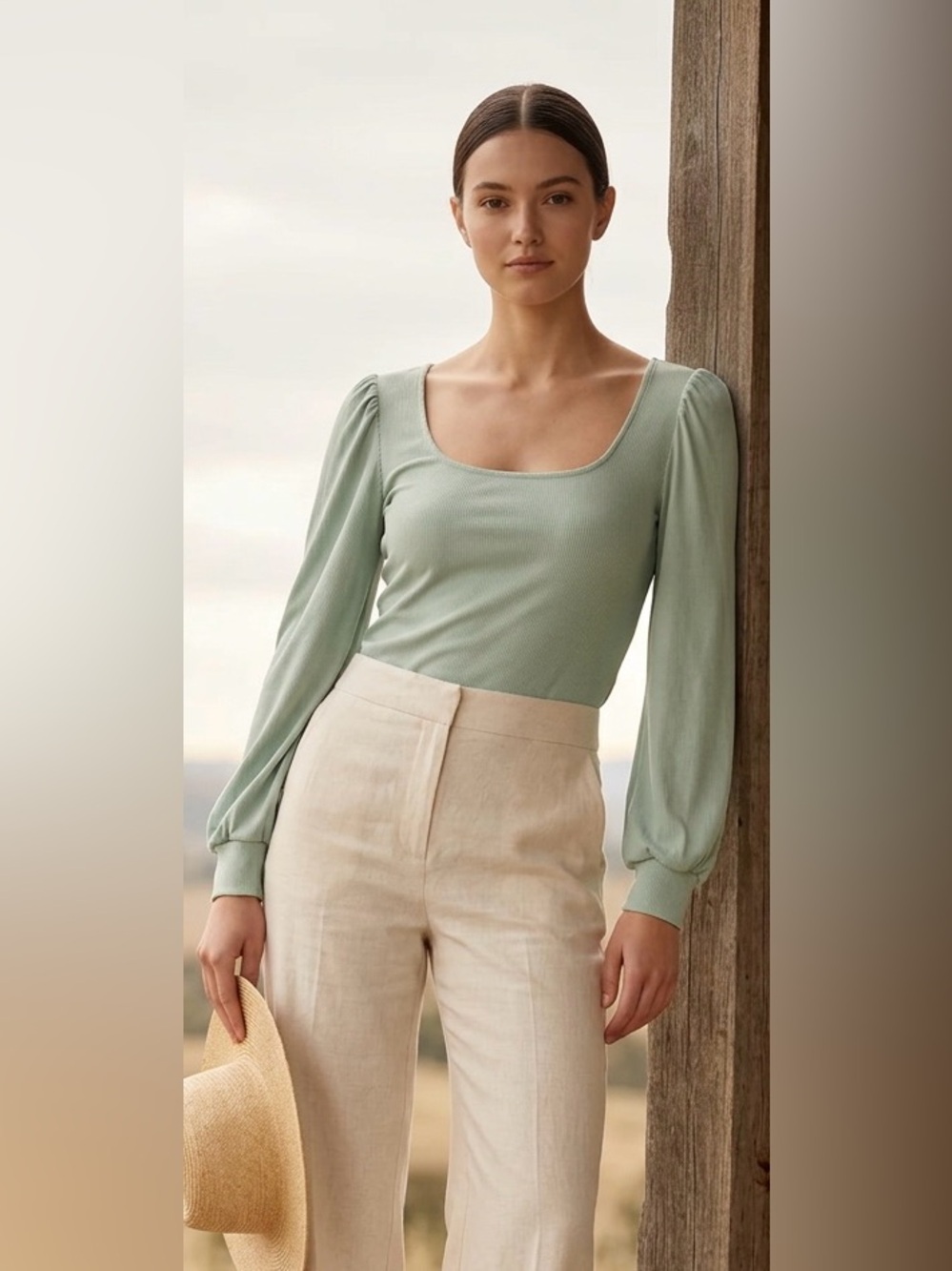 Scoop Neck Long Sleeve Top in Sage Green - Picture 3 of 16